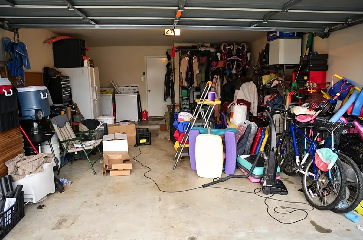 An open residential garage filled with bicycles, folding chairs, boxes, coolers, appliances and assorted stored items, with a concrete walkway through the middle.